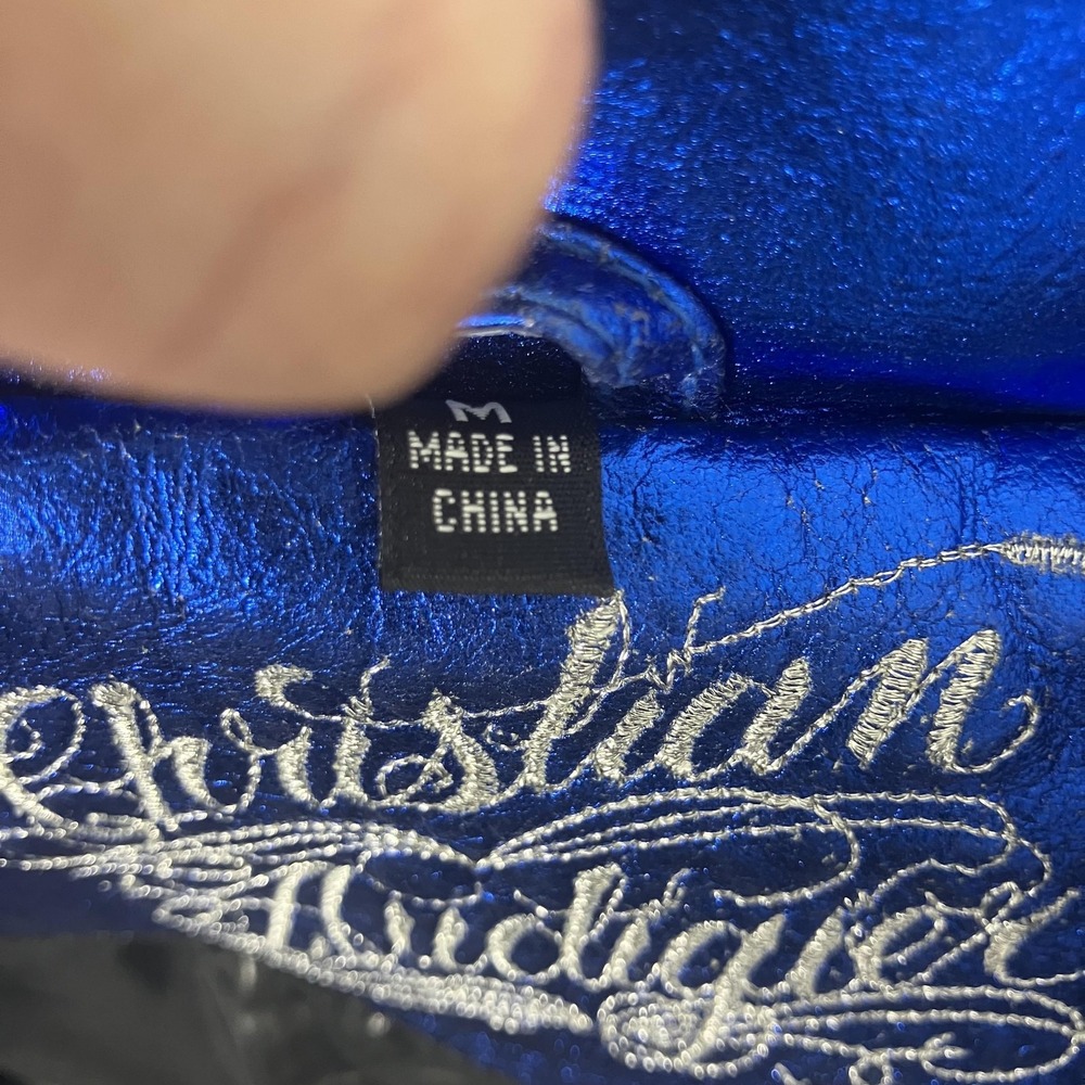 Christian Audigier Jacket Mens Medium Blue Leather Puffer Metallic Y2k - Picture 5 of 12